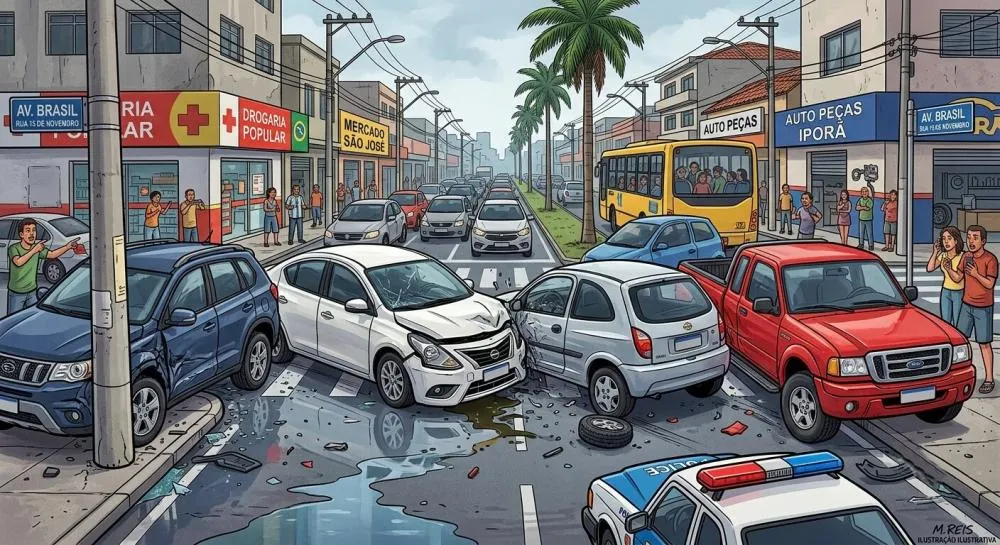 Motorista perde o controle e atinge três veículos no centro de Iporã